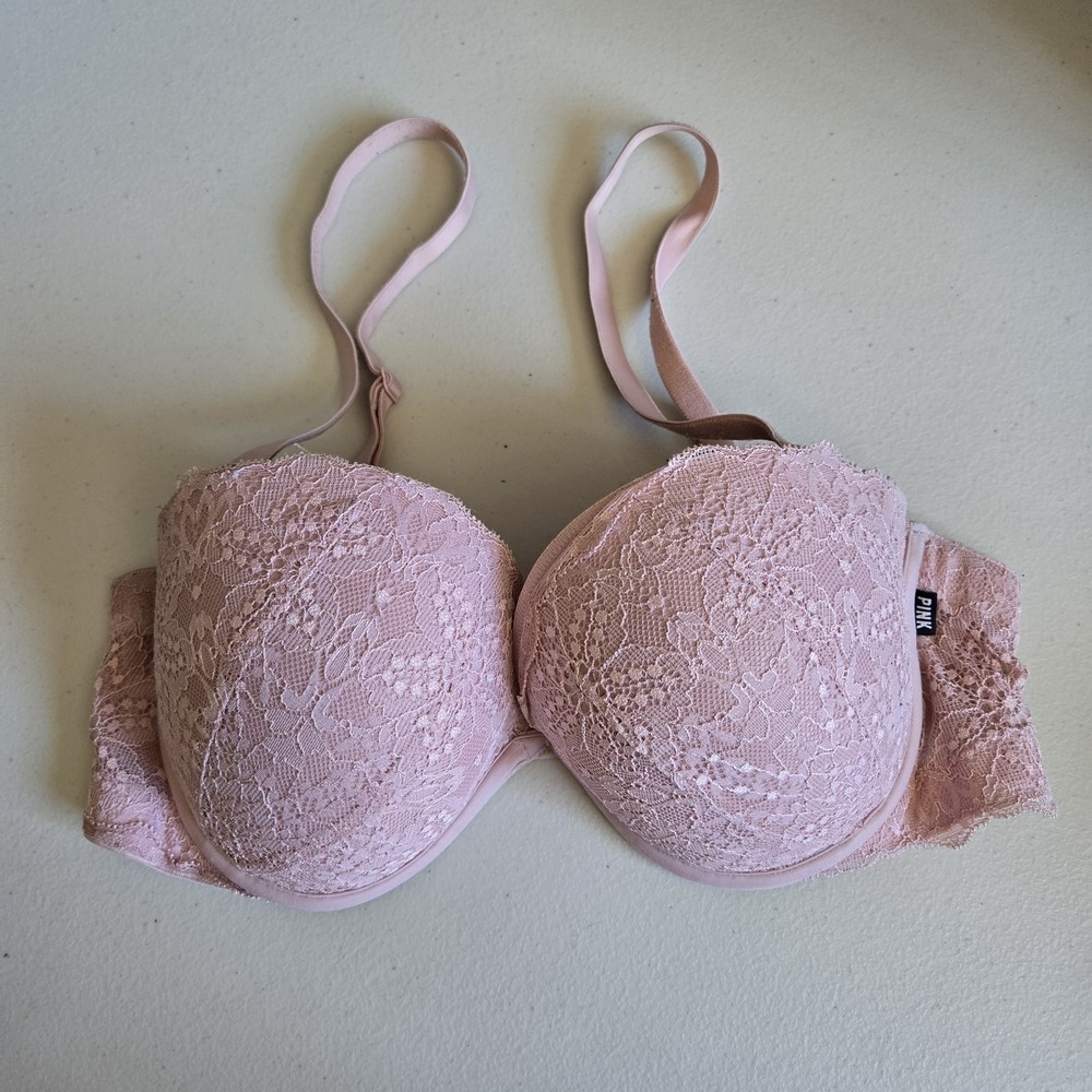 PINK‎ Women Bra 34D Light Pink Floral Date Plunge Push Up Underwired